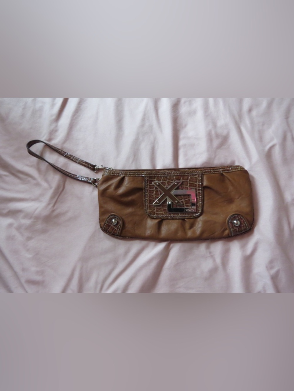 y2k XOXO Brown Leather Wristlet Clutch with Accent Hardware